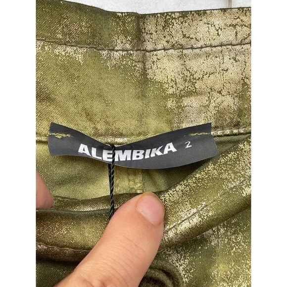 ALEMBIKA Green Gold Foil Cargo Pants | Size 2 | US 10 Designer Boho Luxe Punk - Picture 7 of 12